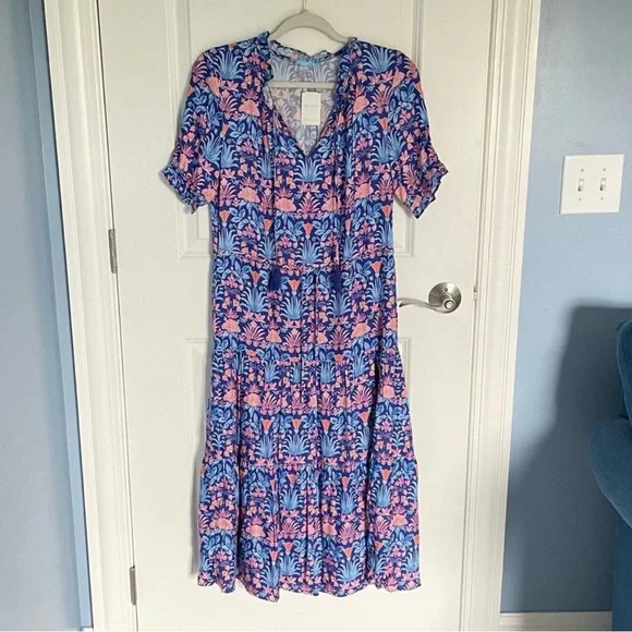 J. MCLAUGHLIN  Blue Multi Floral Chessie Silk Blend Tiered Midi Dress Size S - Picture 3 of 14